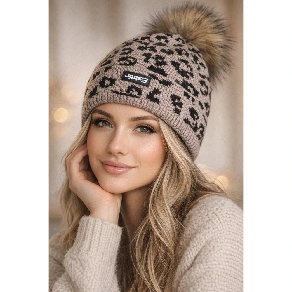 fur pom pom merino wool winter hat